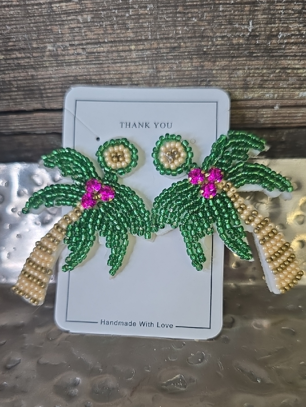 Hand Beaded Palm Tree Statement Earrings - Green, Gold & Pink, NEW
